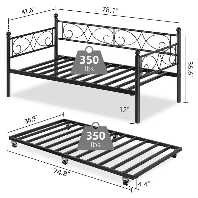 Divano letto singolo con letto estraibile a rotelle, struttura in ferro battuto floreale, doghe in acciaio resistente, divano letto con letto estraibile per soggiorno, nero