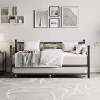 Cama nido individual con estructura de cama, cabecero de hierro con diseño floral, listones de acero de alta resistencia, sofá cama con cama nido extraíble para la sala de estar, negra