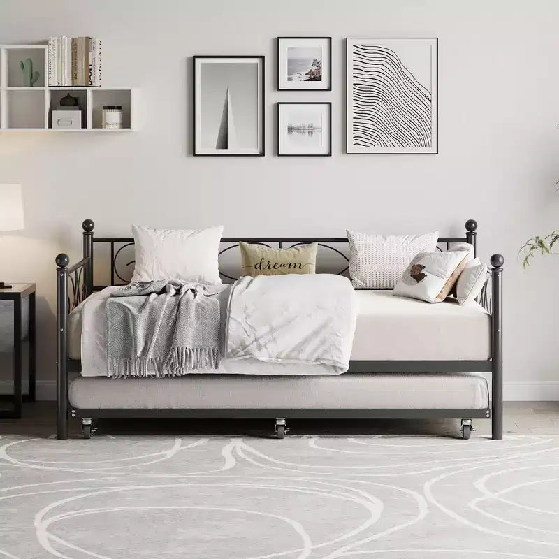 Divano letto singolo con letto estraibile a rotelle, struttura in ferro battuto floreale, doghe in acciaio resistente, divano letto con letto estraibile per soggiorno, nero