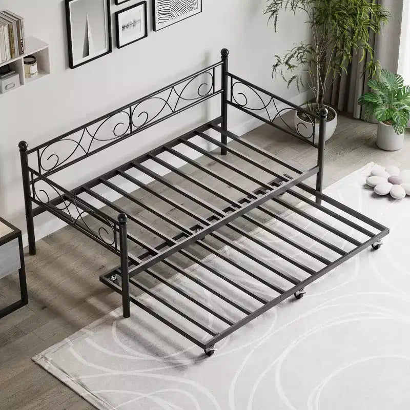 Divano letto singolo con letto estraibile a rotelle, struttura in ferro battuto floreale, doghe in acciaio resistente, divano letto con letto estraibile per soggiorno, nero
