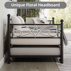 Cama nido individual con estructura de cama, cabecero de hierro con diseño floral, listones de acero de alta resistencia, sofá cama con cama nido extraíble para la sala de estar, negra