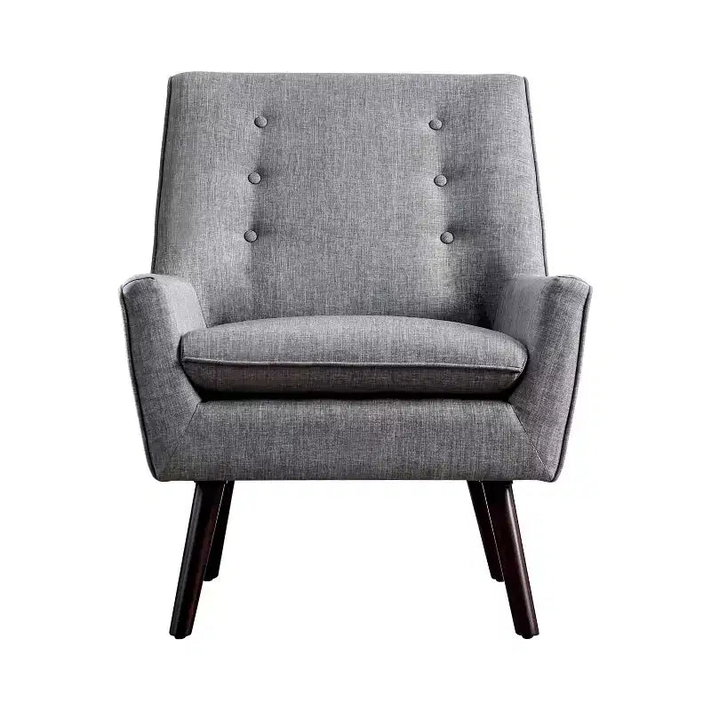 Poltrona con Bottoni Capitonnè Centrale Grigia - : Stile Mid-Century Moderno, Rivestimento in Lino, Gambe in Legno color Espresso
