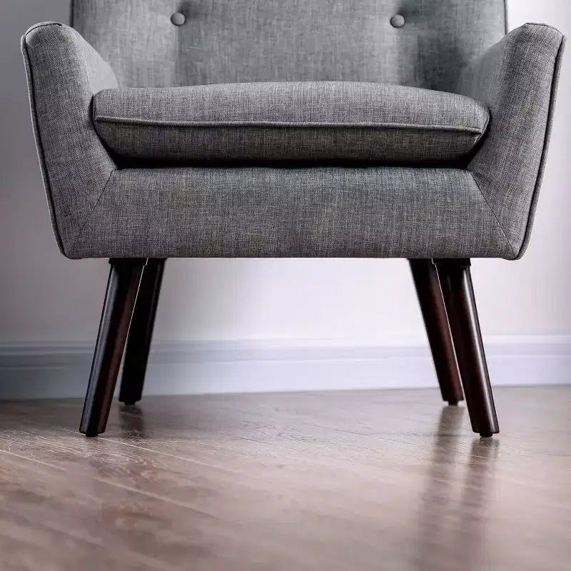 Poltrona con Bottoni Capitonnè Centrale Grigia - : Stile Mid-Century Moderno, Rivestimento in Lino, Gambe in Legno color Espresso
