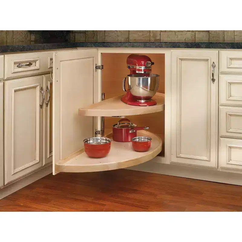 4WLS882-32-570 Piattaforma girevole in legno da 32 pollici con 2 ripiani e mezza luna Lazy Susan per la conservazione in cucina per mobili angolari ciechi