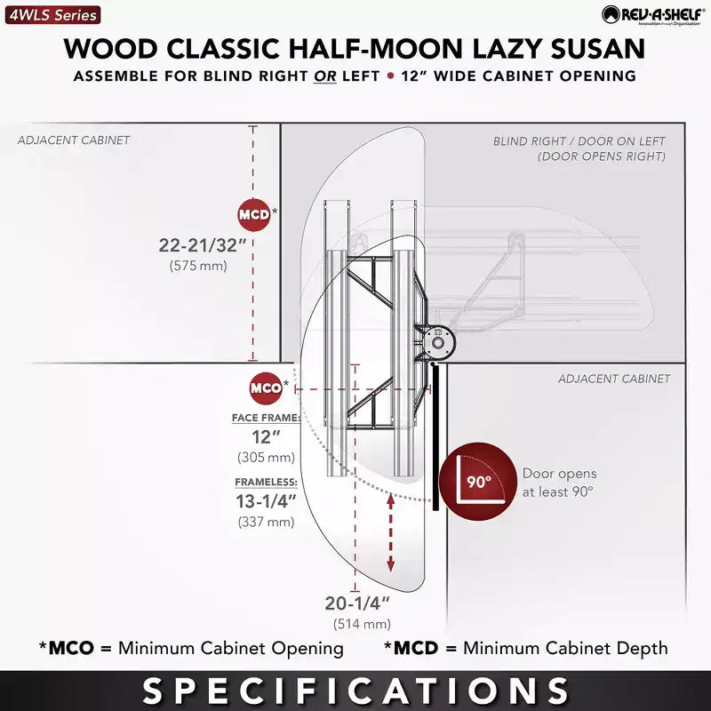 4WLS882-32-570 Piattaforma girevole in legno da 32 pollici con 2 ripiani e mezza luna Lazy Susan per la conservazione in cucina per mobili angolari ciechi