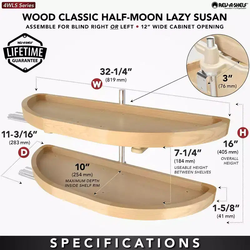 4WLS882-32-570 Piattaforma girevole in legno da 32 pollici con 2 ripiani e mezza luna Lazy Susan per la conservazione in cucina per mobili angolari ciechi
