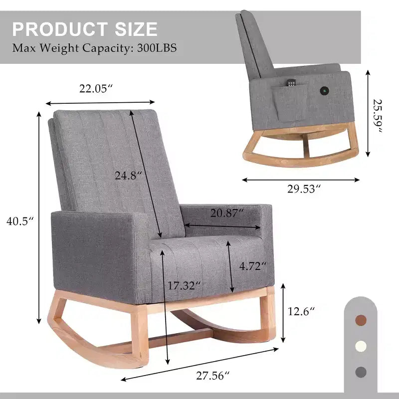 Poltrona dondolo moderna con porta USB e tasca laterale, sedia a dondolo rivestita in ecopelle per soggiorno e balcone