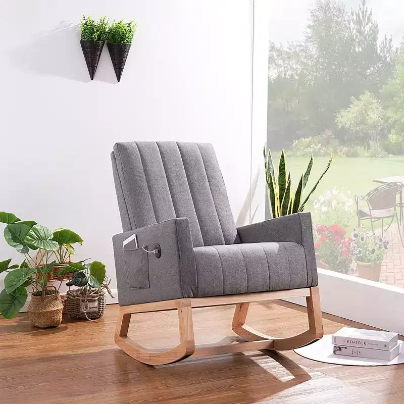 Poltrona dondolo moderna con porta USB e tasca laterale, sedia a dondolo rivestita in ecopelle per soggiorno e balcone