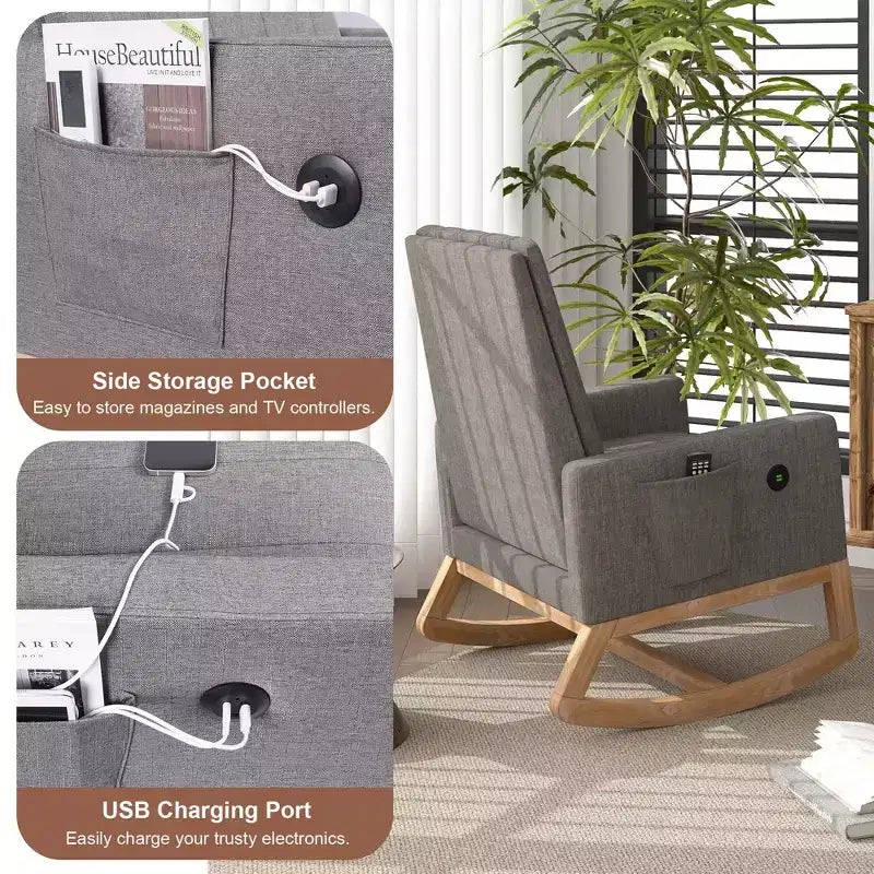 Poltrona dondolo moderna con porta USB e tasca laterale, sedia a dondolo rivestita in ecopelle per soggiorno e balcone