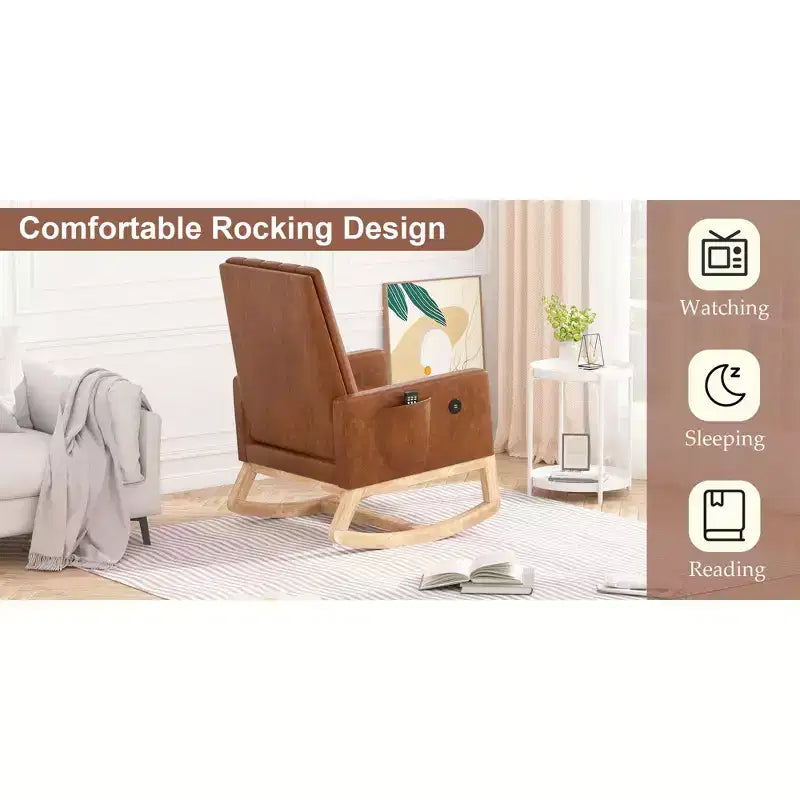 Poltrona dondolo moderna con porta USB e tasca laterale, sedia a dondolo rivestita in ecopelle per soggiorno e balcone