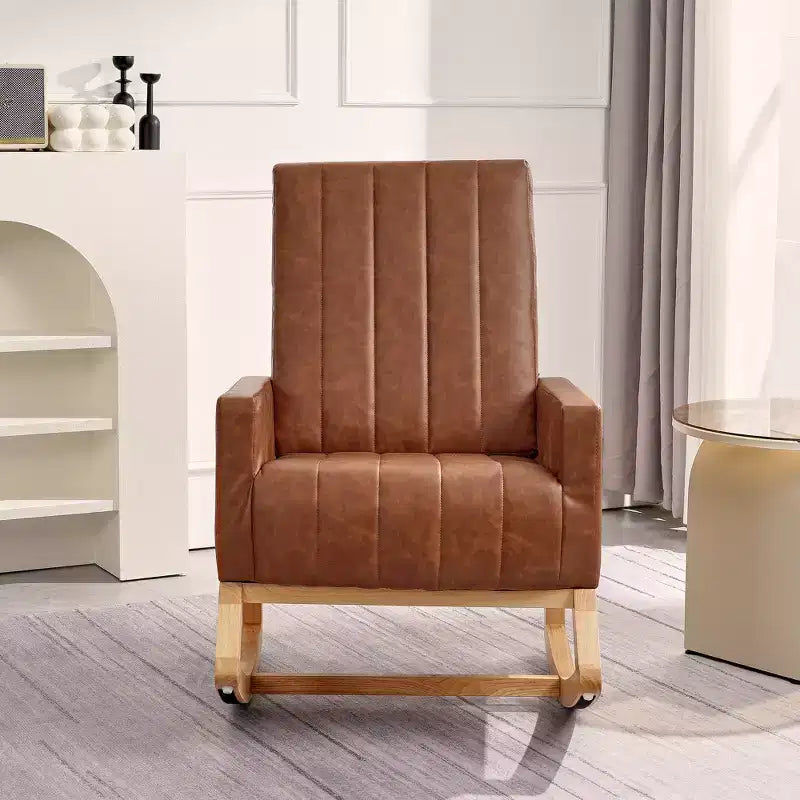Poltrona dondolo moderna con porta USB e tasca laterale, sedia a dondolo rivestita in ecopelle per soggiorno e balcone